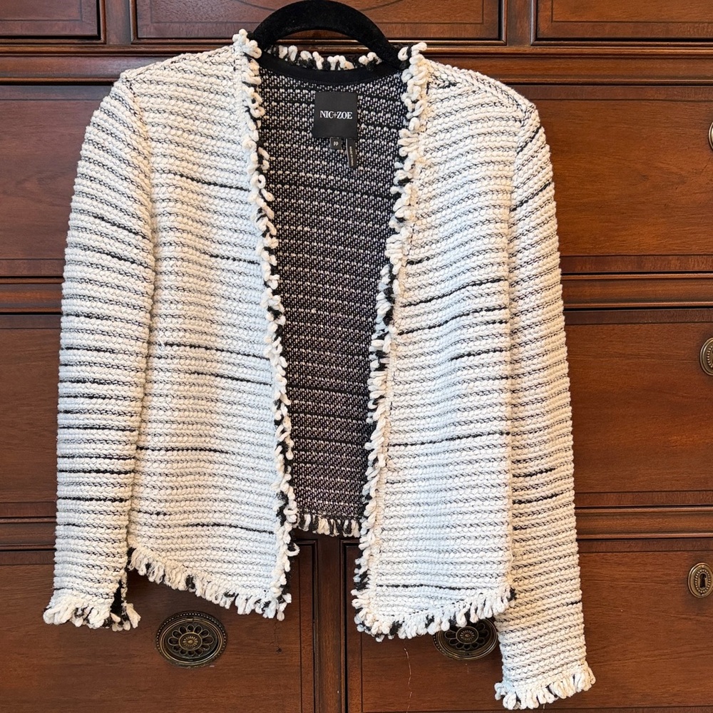 Nic+Zoe White and Black Striped Fringe Jacket